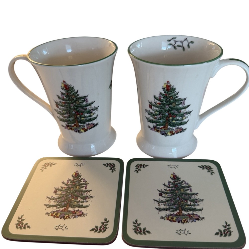 Spode Christmas Tree Mugs and Pimpernel Coasters Set of 2 Holiday Coffee Cups